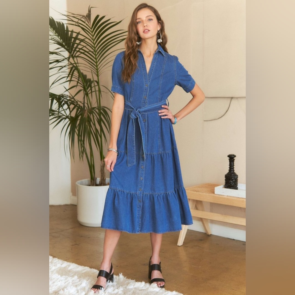 Tiered Button Down Tie Waist Short Sleeve Denim Dress